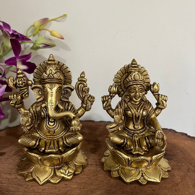 5 Inches Brass Lakshmi Ganesh Statue - Pooja Idol for Home - Festive Decor - Crafts N Chisel - Indian Home Decor USA