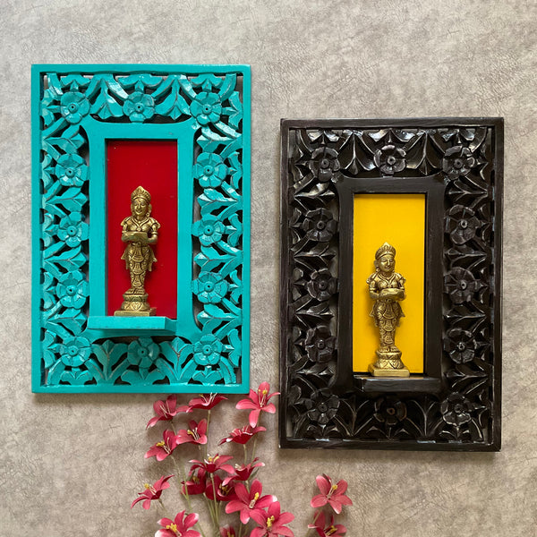 Deep Lakshmi Idol With Distressed Wooded Frame Wall Hanging (Set of 4) - Decorative Wall decor - Crafts N Chisel - Indian Home Decor USA