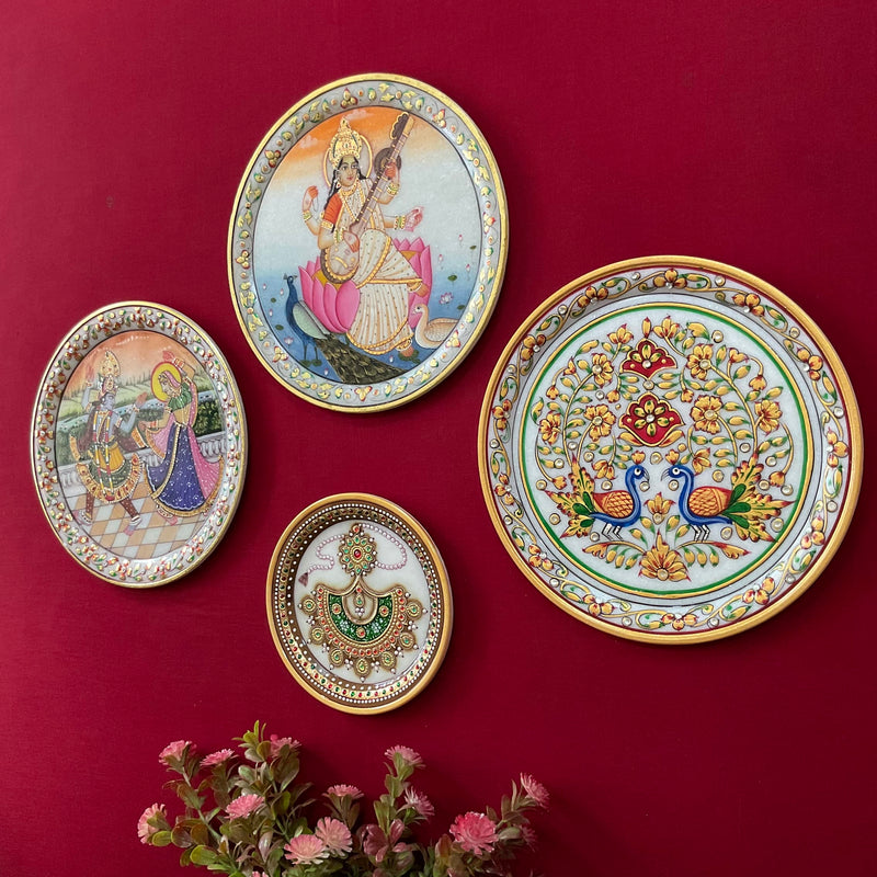 Saraswati Ma, Radha Krishna Meenakari Jewelry Painting (Set of 4) - Wall Hanging - Decorative Round Marble Plate - Crafts N Chisel - Indian Home Decor USA