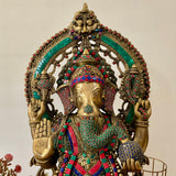 27 Inch Lord Ganesh Idol With Prabhavali - Brass Stonework Statue - Crafts N Chisel - Indian Home Decor USA