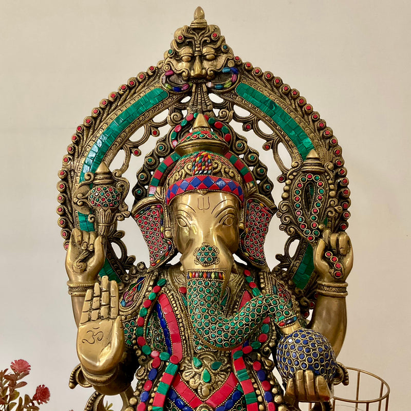 27 Inch Lord Ganesh Idol With Prabhavali - Brass Stonework Statue - Crafts N Chisel - Indian Home Decor USA