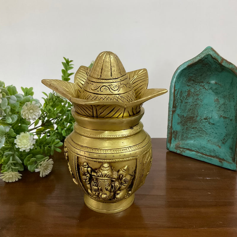 Lakshmi Ganesha Brass Kalash With Coconut For Pooja - Crafts N Chisel - Indian Home Decor USA