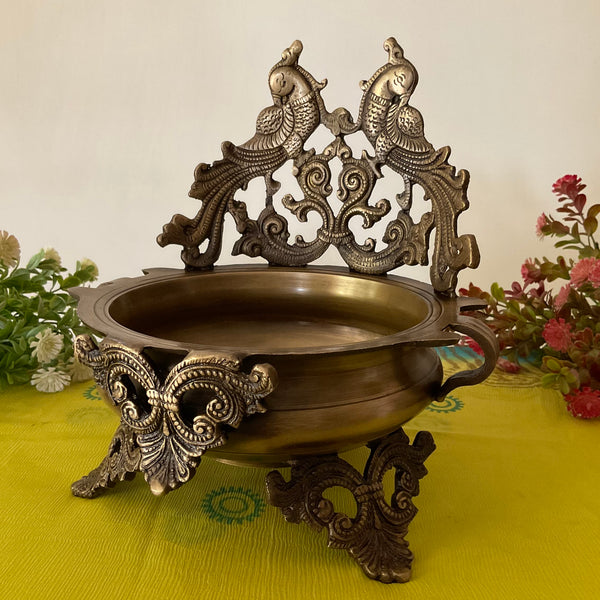 10 Inches Peacock Brass Urli Bowl For Home Decor - Antique Finish - Crafts N Chisel - Indian Home Decor USA