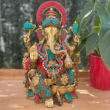 12 Inch Brass Ganesh Idol With Stonework For Home - Ganpati Pooja Statue - Crafts N Chisel - Indian Home Decor USA