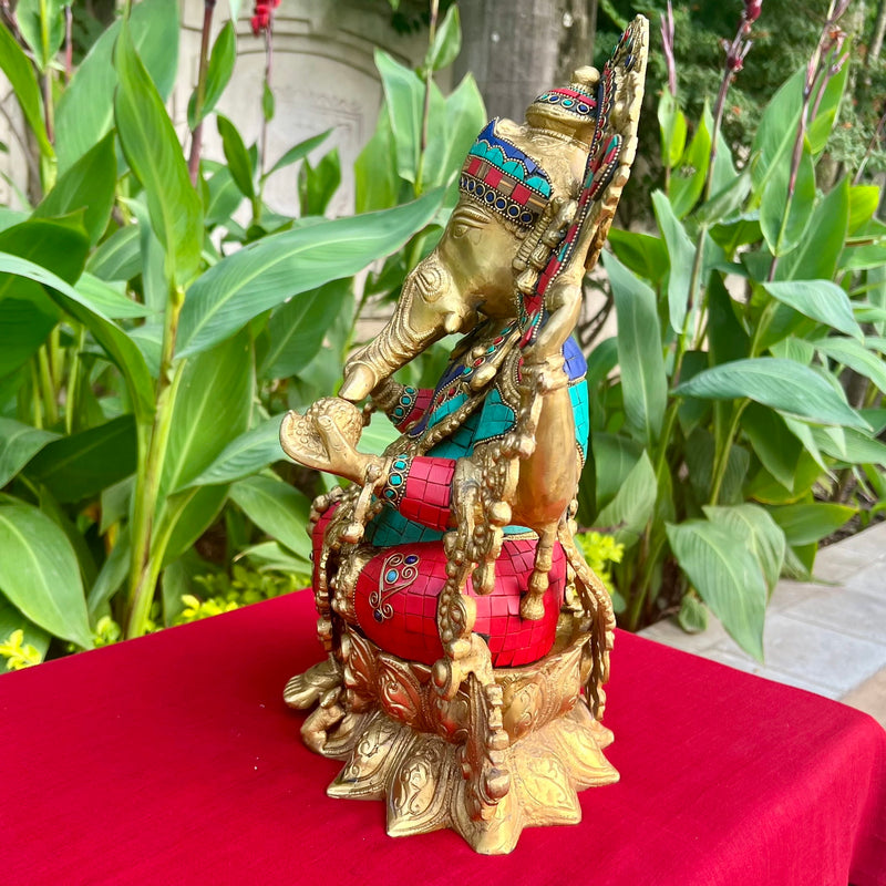 16 Inches Lord Ganesh Brass Idol Stonework - handcrafted Ganpati Decorative Statue for Home Decor - Housewarming Gift - Crafts N Chisel - Indian Home Decor USA