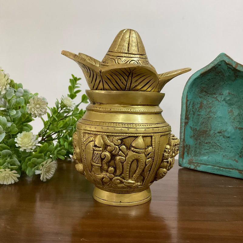 Lakshmi Ganesha Brass Kalash With Coconut For Pooja - Crafts N Chisel - Indian Home Decor USA