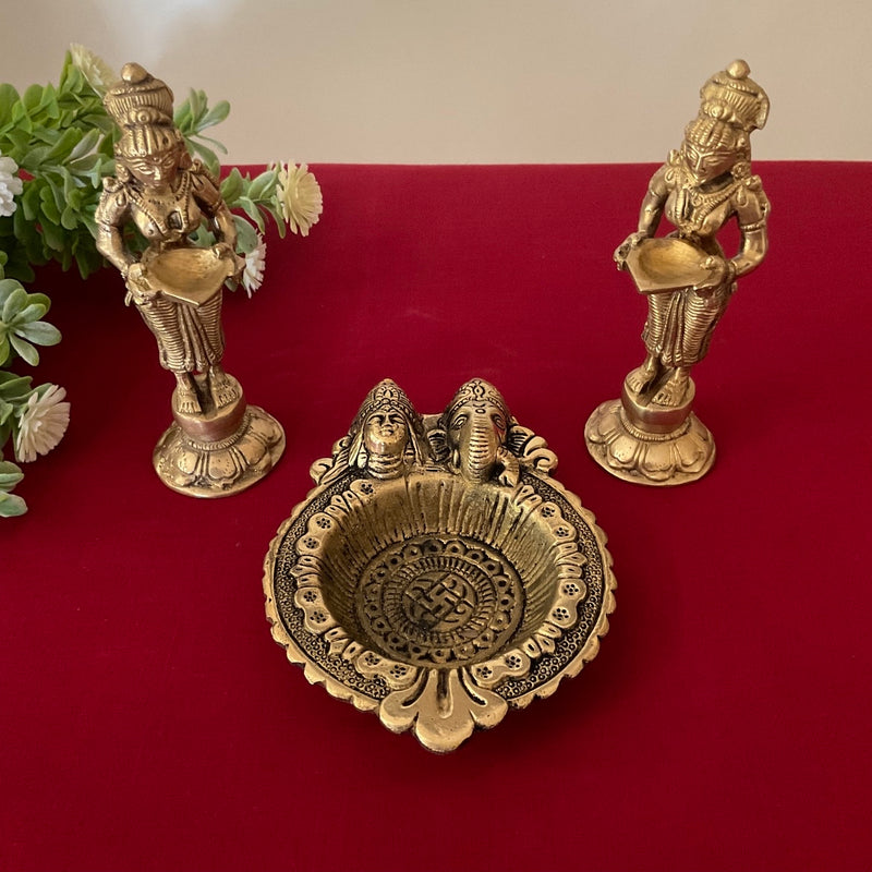 Deep Lakshmi And Lakshmi Ganesh Pooja Diya - Festive Gift - Crafts N Chisel - Indian Home Decor USA
