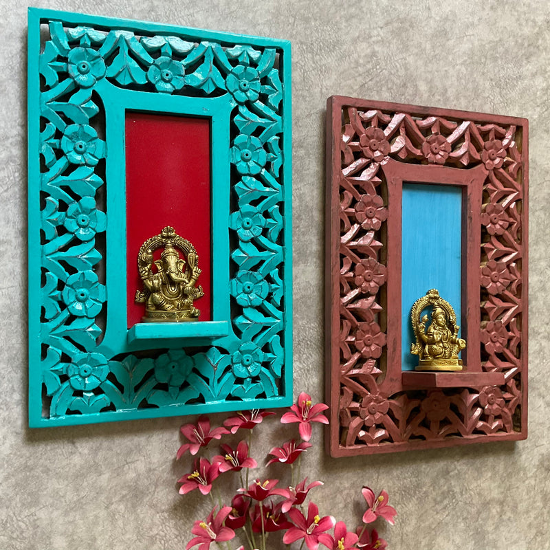 Brass Lakshmi Ganesha Idol With Distressed Wooded Frame Wall Hanging (Set of 4) - Decorative Wall Decor for Living Room - Crafts N Chisel - Indian Home Decor USA