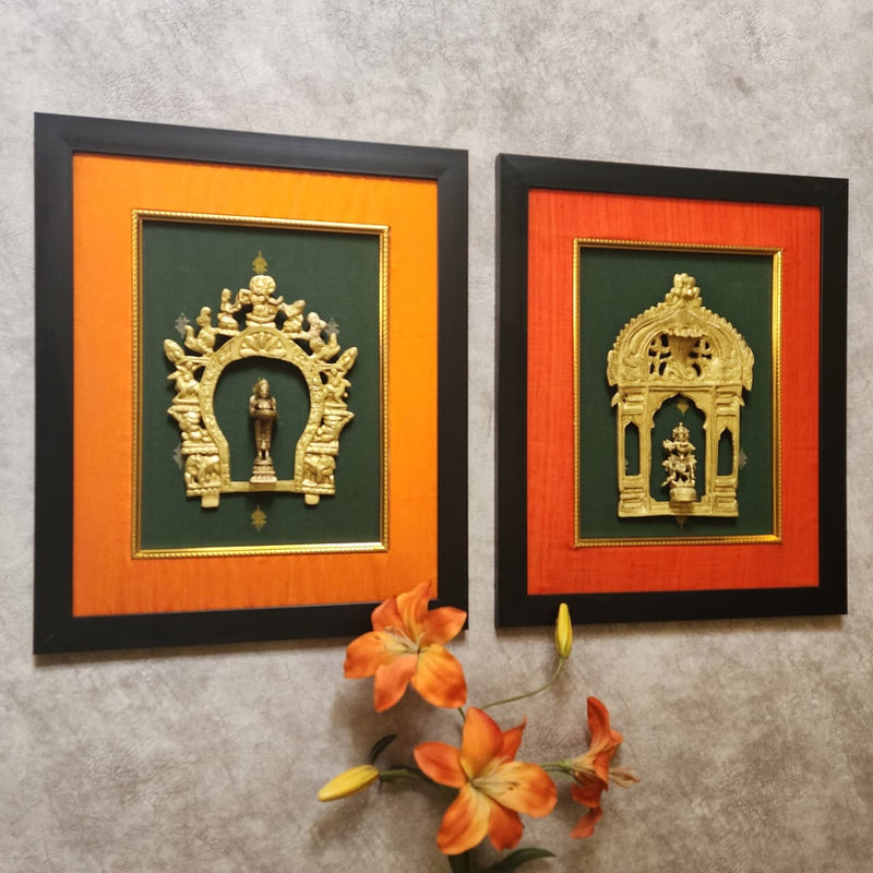 Framed Brass Prabhavali (Set of 2) - Lord Krishna And Deep Lakshmi - Ethnic Wall Decor - Crafts N Chisel - Indian Home Decor USA