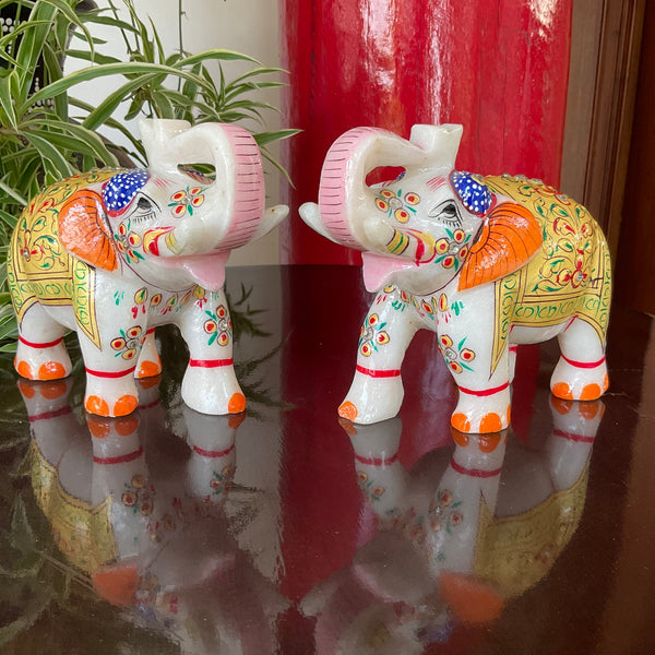 Handcrafted 5 Inches Marble Elephant (Set of 2) - Meenakari Stone Art - Table Animal Decor - Crafts N Chisel - Indian Home Decor USA