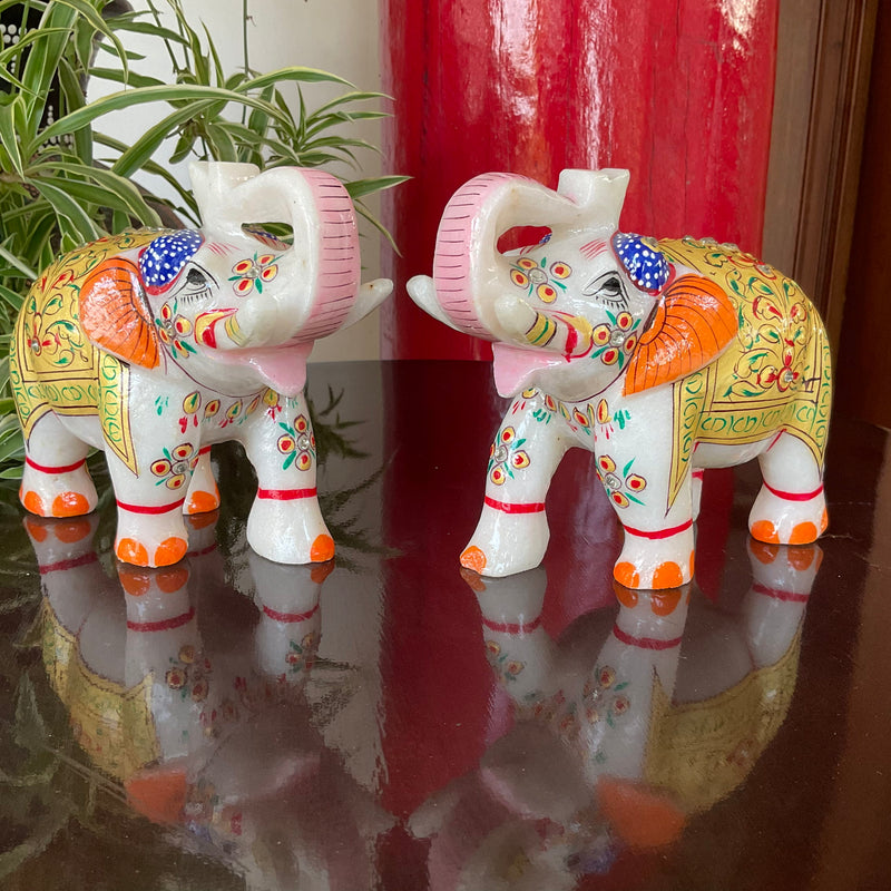 Handcrafted 5 Inches Marble Elephant (Set of 2) - Meenakari Stone Art - Table Animal Decor - Crafts N Chisel - Indian Home Decor USA