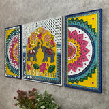Elephant Flower Rangoli Lippan Wall Hanging - Clay Mirror Wall Decor (Set of 3) - Crafts N Chisel - Indian Home Decor USA
