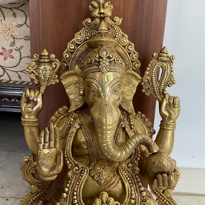 21 Inches Lord Ganesh Brass Idol - Handcrafted Ganesha Statue for Home Decor - Housewarming Gift - Crafts N Chisel - Indian Home Decor USA