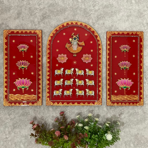 Shrinathji Jharoka Lotus Pichwai Wall Hanging (Set of 3) - Crafts N Chisel - Indian Home Decor USA