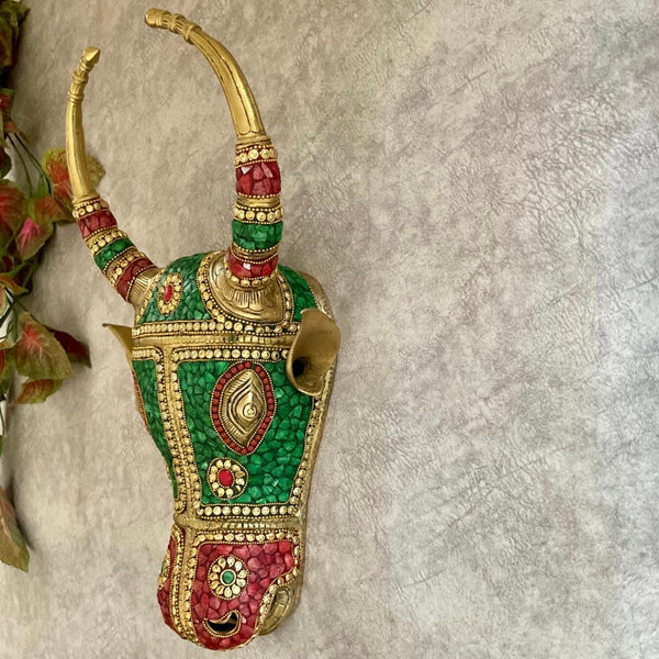 Nandi Brass Decor With Stonework - Divine Wall Hanging - Crafts N Chisel - Indian Home Decor USA