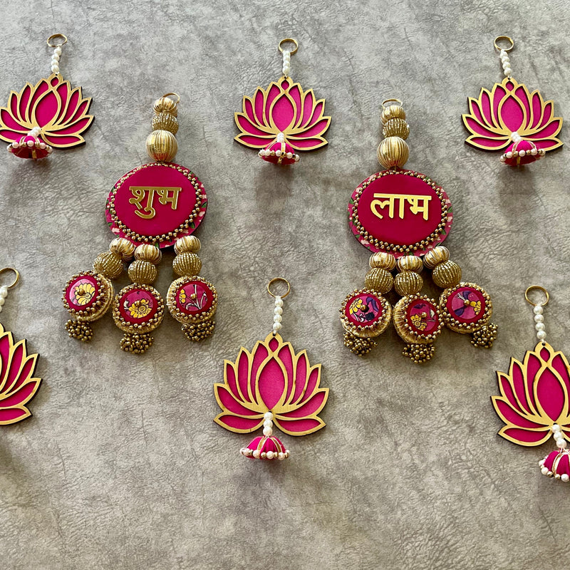 Shubh Labh, Lotus Hanging With Tea Light holder And Plate (Set of 15) Festive Decoration - Crafts N Chisel - Indian Home Decor USA