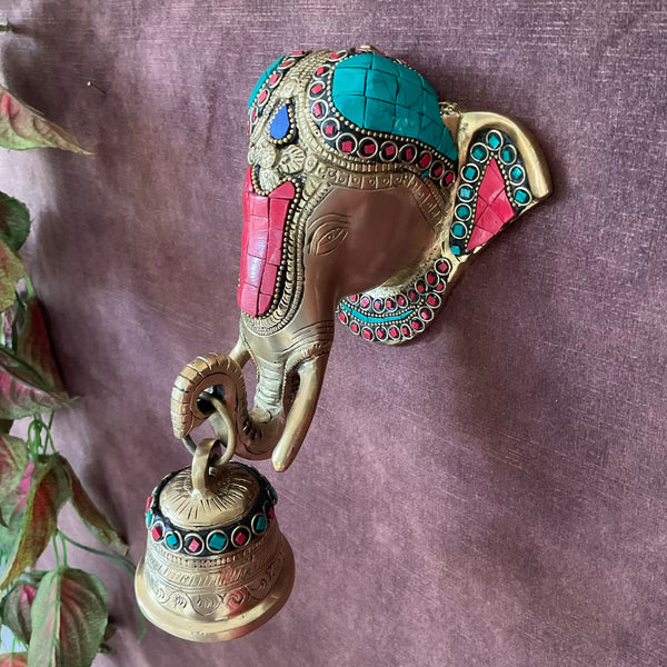 Elephant Bell Stonework - Decorative Brass Wall Hanging - Crafts N Chisel - Indian Home Decor USA