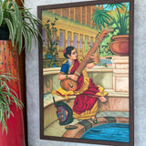 Seated Women Playing Sitar Handmade Oil Painting - Raja Ravi Varma Painting Recreation - Wall Decor - Crafts N Chisel - Indian Home Decor USA