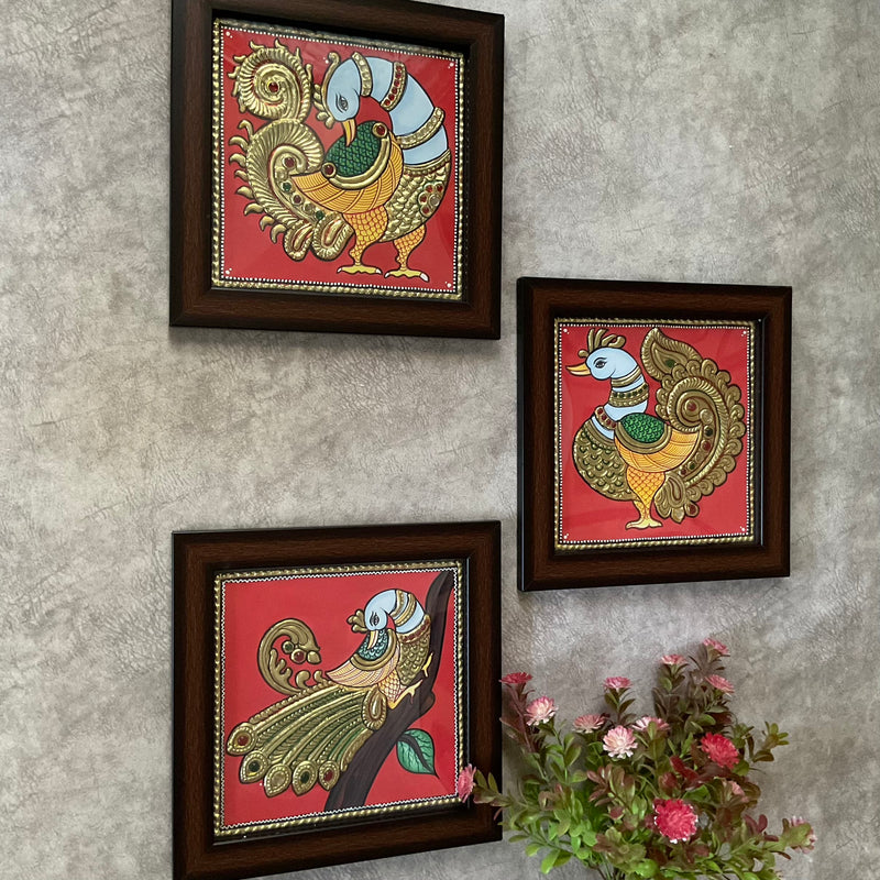 Bird Tanjore Painting (Set of 3) Traditional Wall Artf - Crafts N Chisel - Indian Home Decor USA