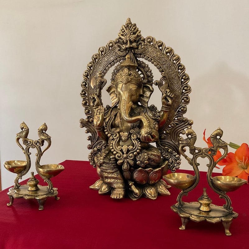 15 Inch Lord Ganesh Brass Idol And Peacock Diya Home Pooja Decor (Set of 3) - Crafts N Chisel - Indian Home Decor USA