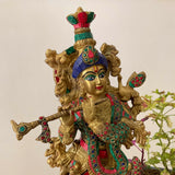 20 Inches Lord Krishna Statue, Brass Stonework Idol for Pooja, Home Entrance - Crafts N Chisel - Indian Home Decor USA