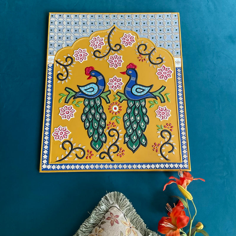 Twin Peacock Lippan Art Wall Hanging - Clay Mirror Wall Decor - Crafts N Chisel - Indian Home Decor USA