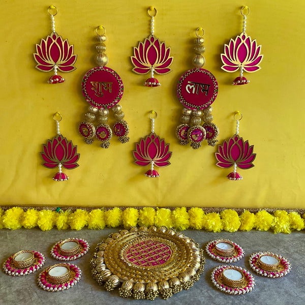 Shubh Labh, Lotus Hanging With Tea Light holder And Plate (Set of 15) Festive Decoration - Crafts N Chisel - Indian Home Decor USA