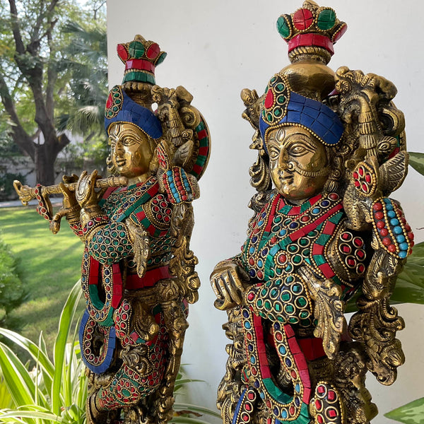 20 Inches Radha Krishna Idol Brass Stonework, God of Love, Decorative Statue Figurines - Crafts N Chisel - Indian Home Decor USA