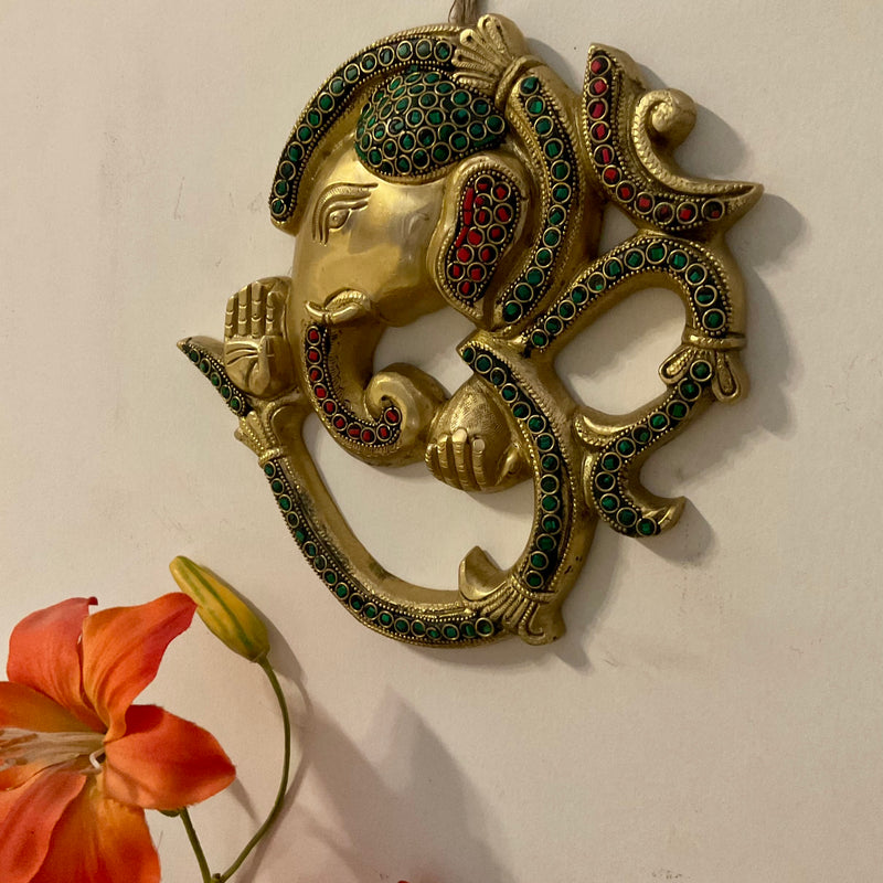 Om Ganesha Wall Hanging - Brass Stonework Decor - Crafts N Chisel - Indian Home Decor USA