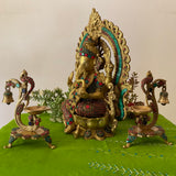 15 Inch Lord Ganesh Brass Idol Stonework And 7 Inch Peacock Diya With Bell Home Pooja Decor (Set of 3) - Crafts N Chisel - Indian Home Decor USA
