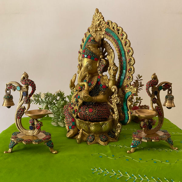 15 Inch Lord Ganesh Brass Idol Stonework And 7 Inch Peacock Diya With Bell Home Pooja Decor (Set of 3) - Crafts N Chisel - Indian Home Decor USA