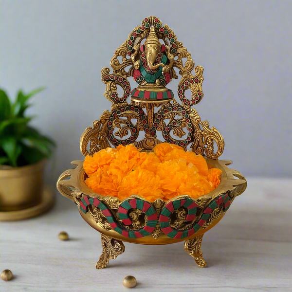 12.5 Inches Urli With Lord Ganesha Brass Stonework - Ganpati Urli Bowl Festive Home Decor