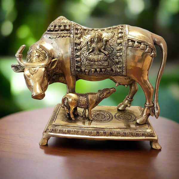 10 Inches Kamdhenu Cow and Calf Set - Handmade Brass Statue -  Decorative Figurine