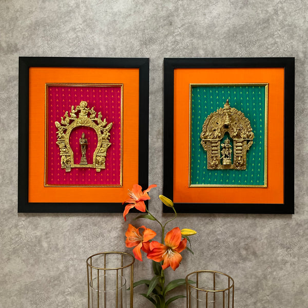 Framed Brass Prabhavali (Set of 2) - Lord Krishna And Deep Lakshmi - Ethnic Wall Decor - Crafts N Chisel - Indian Home Decor USA