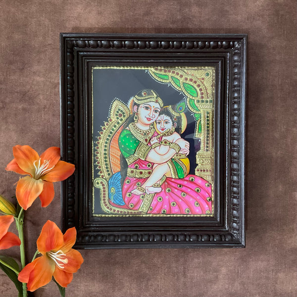 Baby Krishna Yashoda Ma Tanjore Painting - Traditional Wall Art - Crafts N Chisel - Indian Home Decor USA