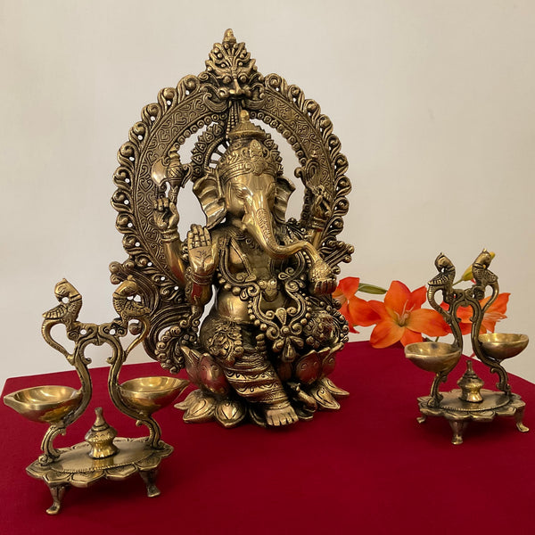 15 Inch Lord Ganesh Brass Idol And Peacock Diya Home Pooja Decor (Set of 3) - Crafts N Chisel - Indian Home Decor USA