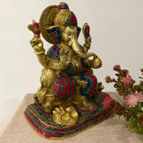 12.5 Inch Ganesha Idol Brass Stonework - Ganpati Pooja Statue, Housewarming Gift - Crafts N Chisel - Indian Home Decor USA