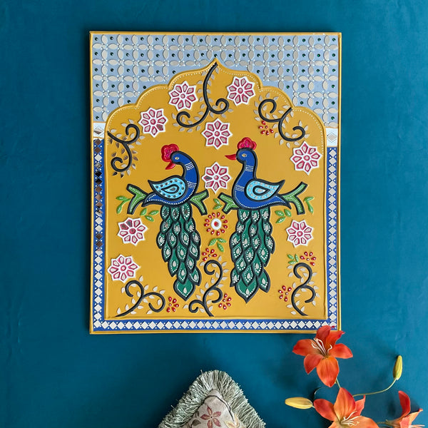 Twin Peacock Lippan Art Wall Hanging - Clay Mirror Wall Decor - Crafts N Chisel - Indian Home Decor USA