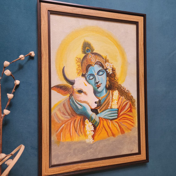 Krishna Cow Handmade Painting - Framed Wall Decor - Crafts N Chisel - Indian Home Decor USA
