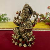 5 Inch Lord Ganesh Brass Idol On Lotus, Pooja Murti Light Weight - Crafts N Chisel - Indian Home Decor USA
