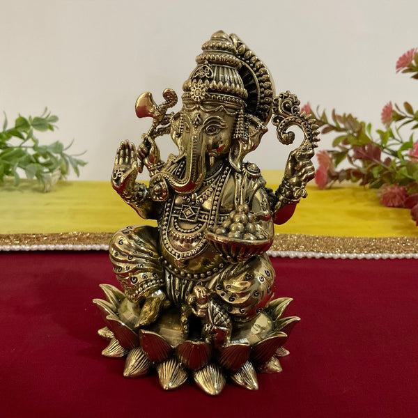 5 Inch Lord Ganesh Brass Idol On Lotus, Pooja Murti Light Weight - Crafts N Chisel - Indian Home Decor USA