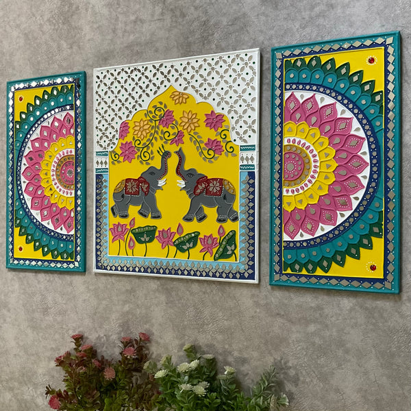 Elephant Flower Rangoli Lippan Wall Hanging - Clay Mirror Wall Decor (Set of 3) - Crafts N Chisel - Indian Home Decor USA