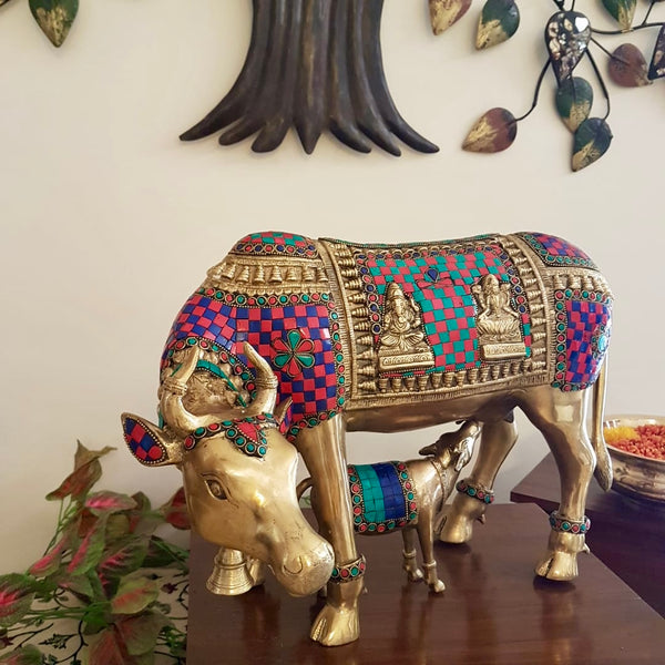 17 Inches Kamdhenu Cow and Calf Set - Brass Statue Handcrafted turquoise Inlay - Decorative Figurine - Crafts N Chisel - Indian Home Decor USA