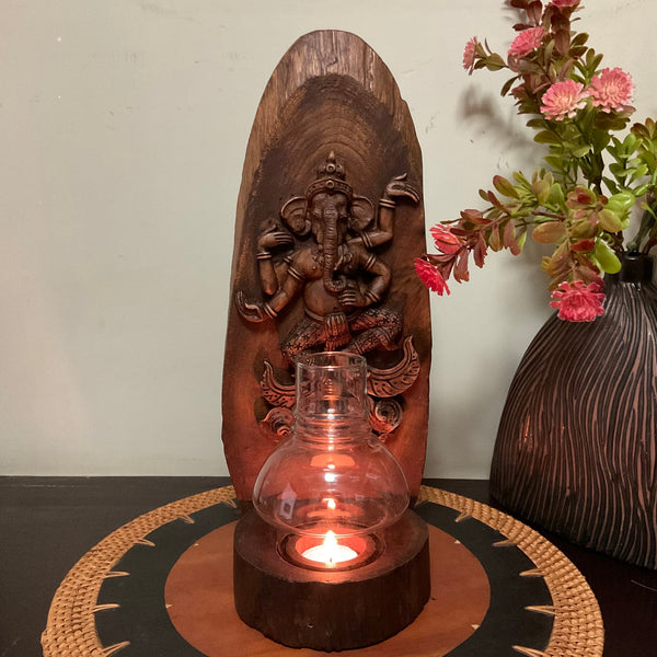 Dancing Ganesha Wooden Panel Tea Light - Wall Decor - Crafts N Chisel - Indian Home Decor USA