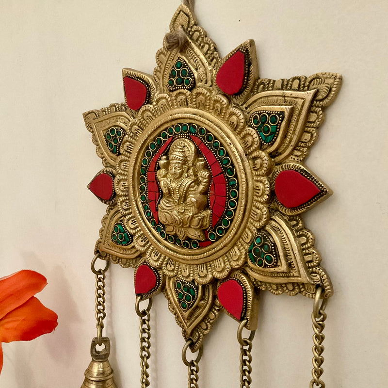 Lakshmi Wall Hanging Bell - Brass Stonework Decor - Crafts N Chisel - Indian Home Decor USA