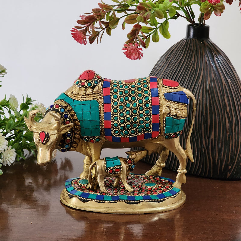 8 Inches Cow and Calf Handmade Brass Statue With Stonework - Decorative Figurine - Crafts N Chisel - Indian Home Decor USA