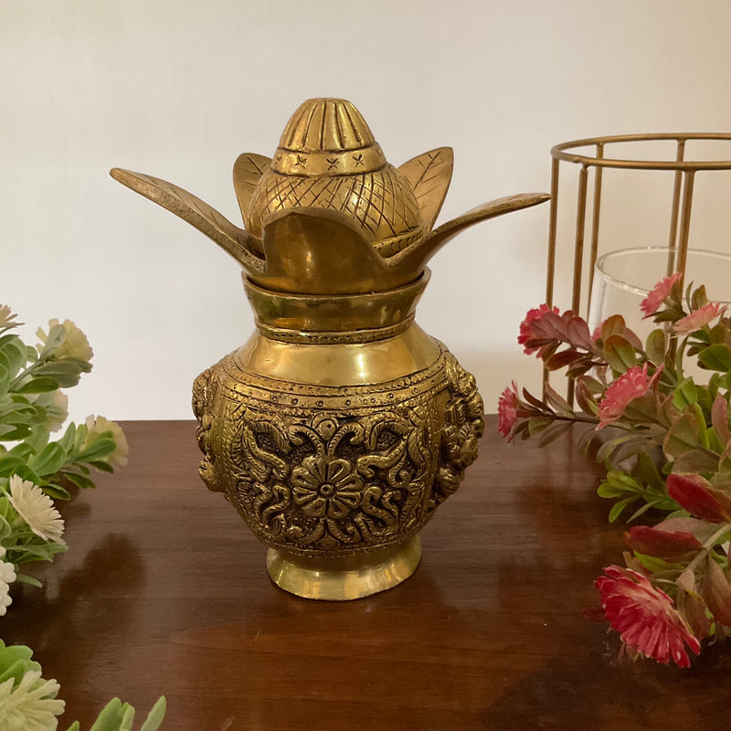 Lakshmi Ganesha Brass Kalash With Coconut For Pooja - Crafts N Chisel - Indian Home Decor USA