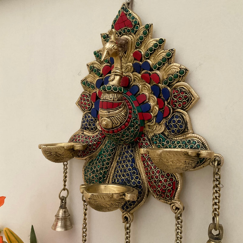 17.5 Inch Peacock Wall Hanging Diya Bell - Brass Stonework Decor - Crafts N Chisel - Indian Home Decor USA