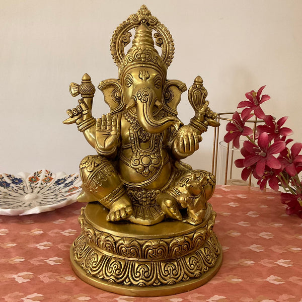 Lord Ganesh Brass Idol - Ganpati Decorative Statue for Home Decor - Crafts N Chisel - Indian Home Decor USA