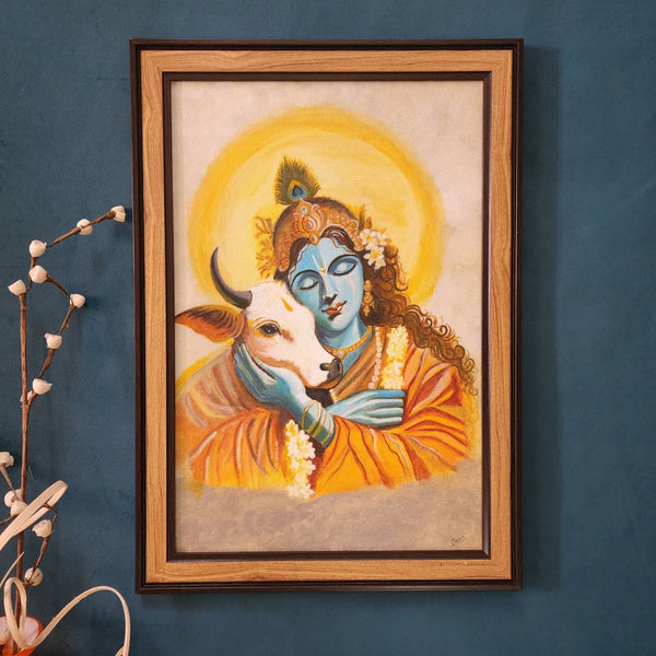 Krishna Cow Handmade Painting - Framed Wall Decor - Crafts N Chisel - Indian Home Decor USA